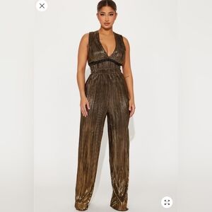 Sleeveless Metallic Pleated Jumpsuit in Bronze
